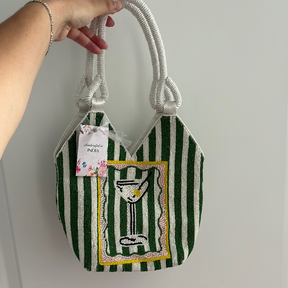 Green Striped Handbag with Embroidered Design